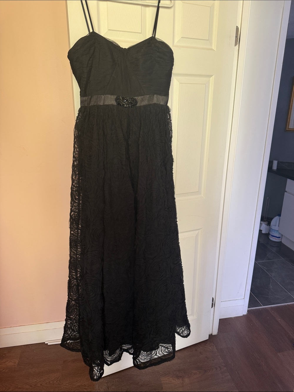 Adrianna Papell Black  Lace Gown with Beaded Waist